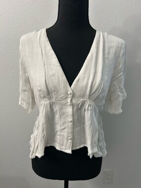 Volcom White V-Neck Peplum Button Blouse